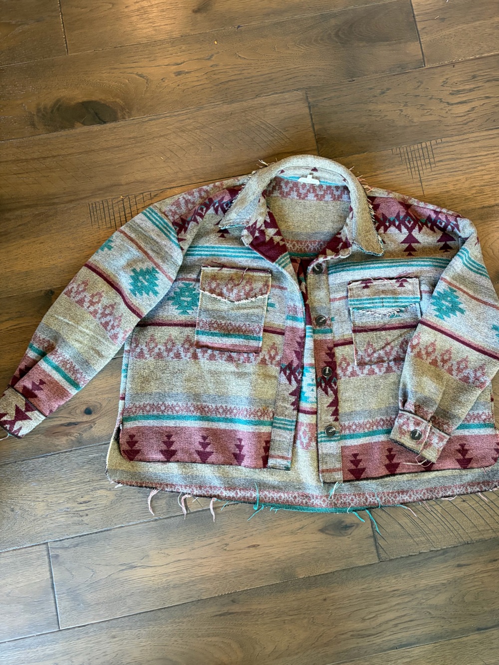 LA MIEL Aztec-Pattern Jean Jacket in Beige, Teal & Burgundy